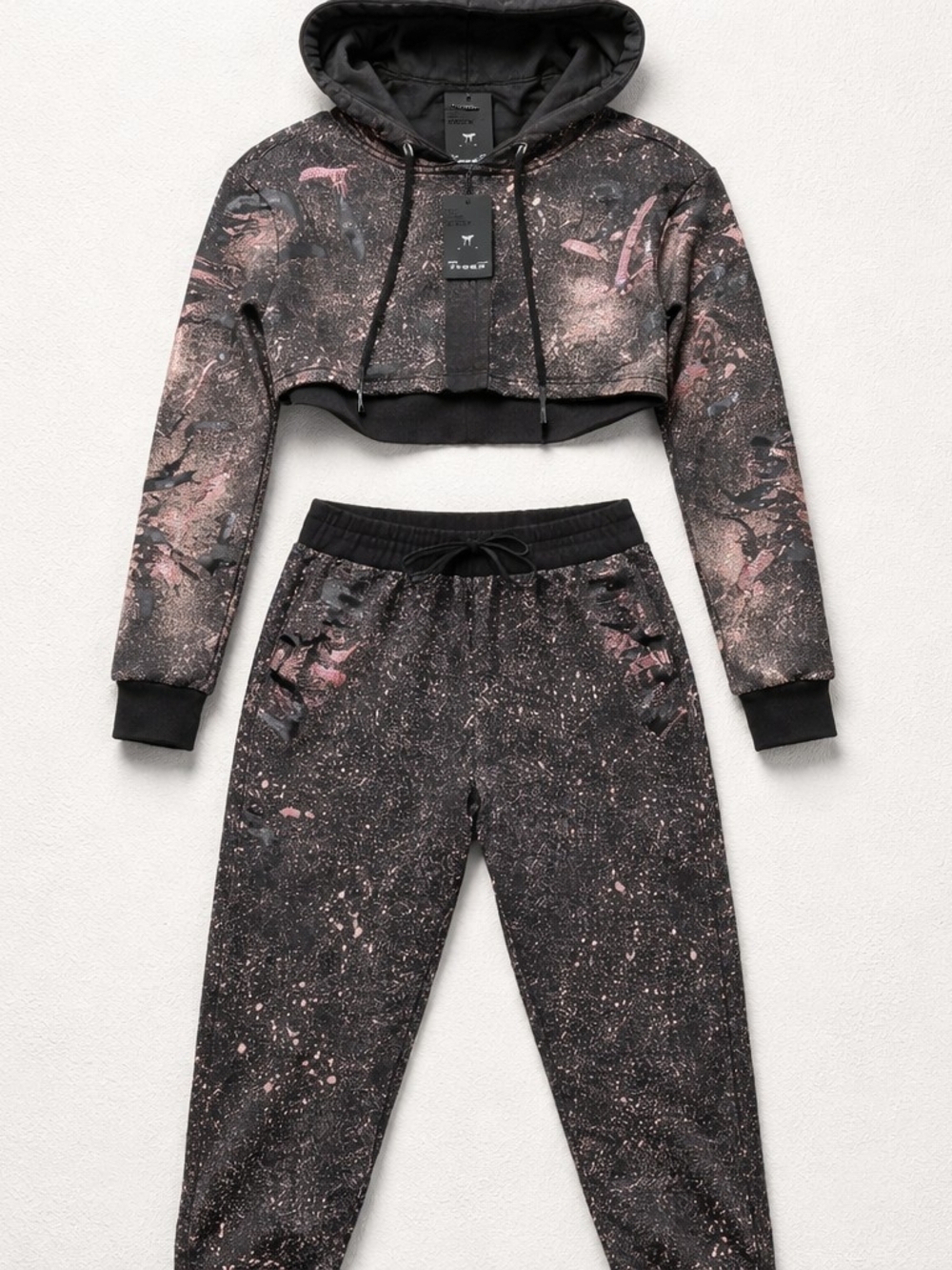 Cropped Hooded Sweatshirt & Jogger Set - Black with Pink Splatter